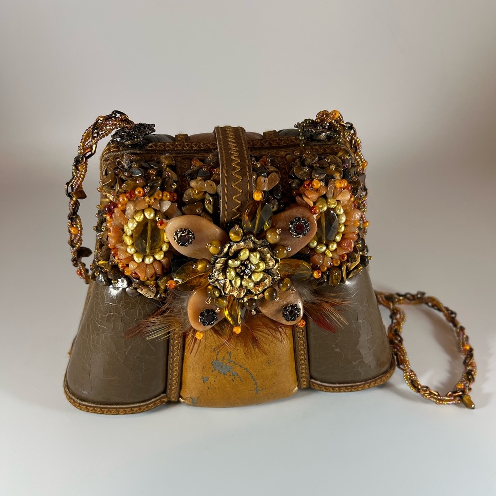 SOLD -Retired Mary Frances Designer Faux Brown Leather Gemstone Beaded Purse Bag